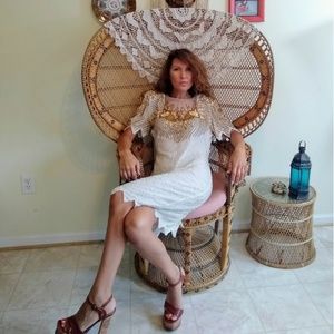 80s cream beaded silk dress M/L